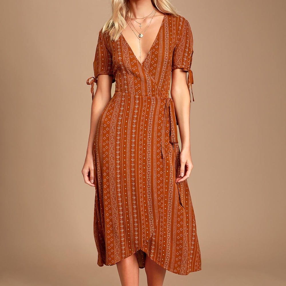 Lulus Tabatha Rust Orange Print Wrap Midi Dress Size Small NWT